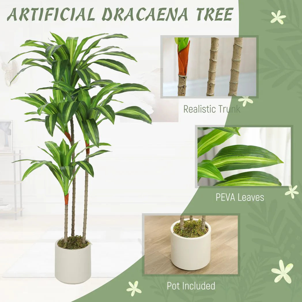 HOMCOM 120cm Artificial Dracaena Tree with Bendable Trunks and White Pot – Realistic Faux Plant, Green
