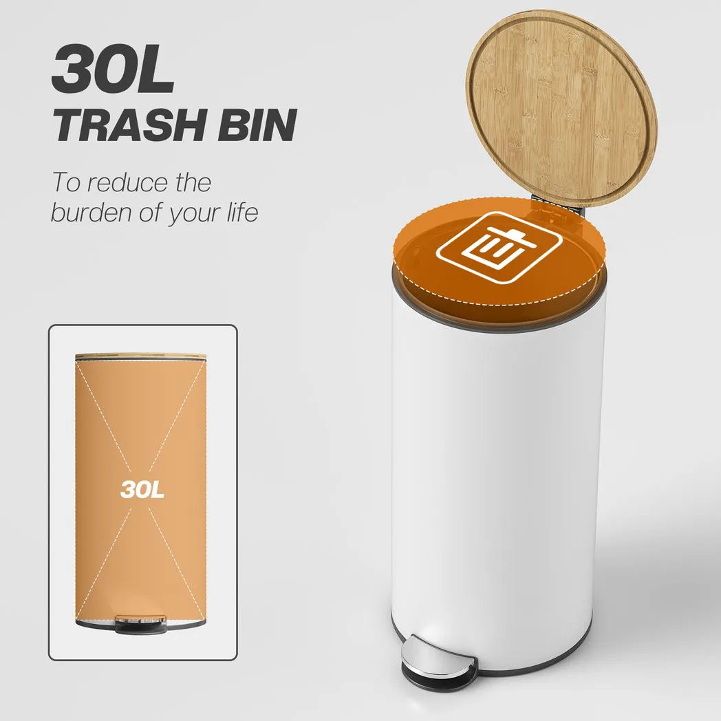 HOMCOM 30L Kitchen Pedal Bin with Removable Bucket and Soft-Close Lid – Fingerprint-Resistant, White and Natural