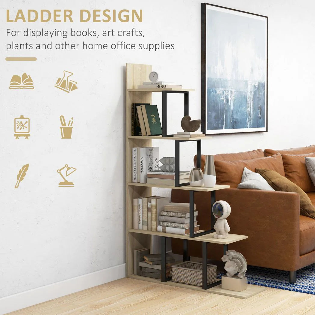 HOMCOM 5-Tier Ladder Bookcase with Anti-Tilt Device – Wooden Display Shelf Unit for Study and Living Room, Oak
