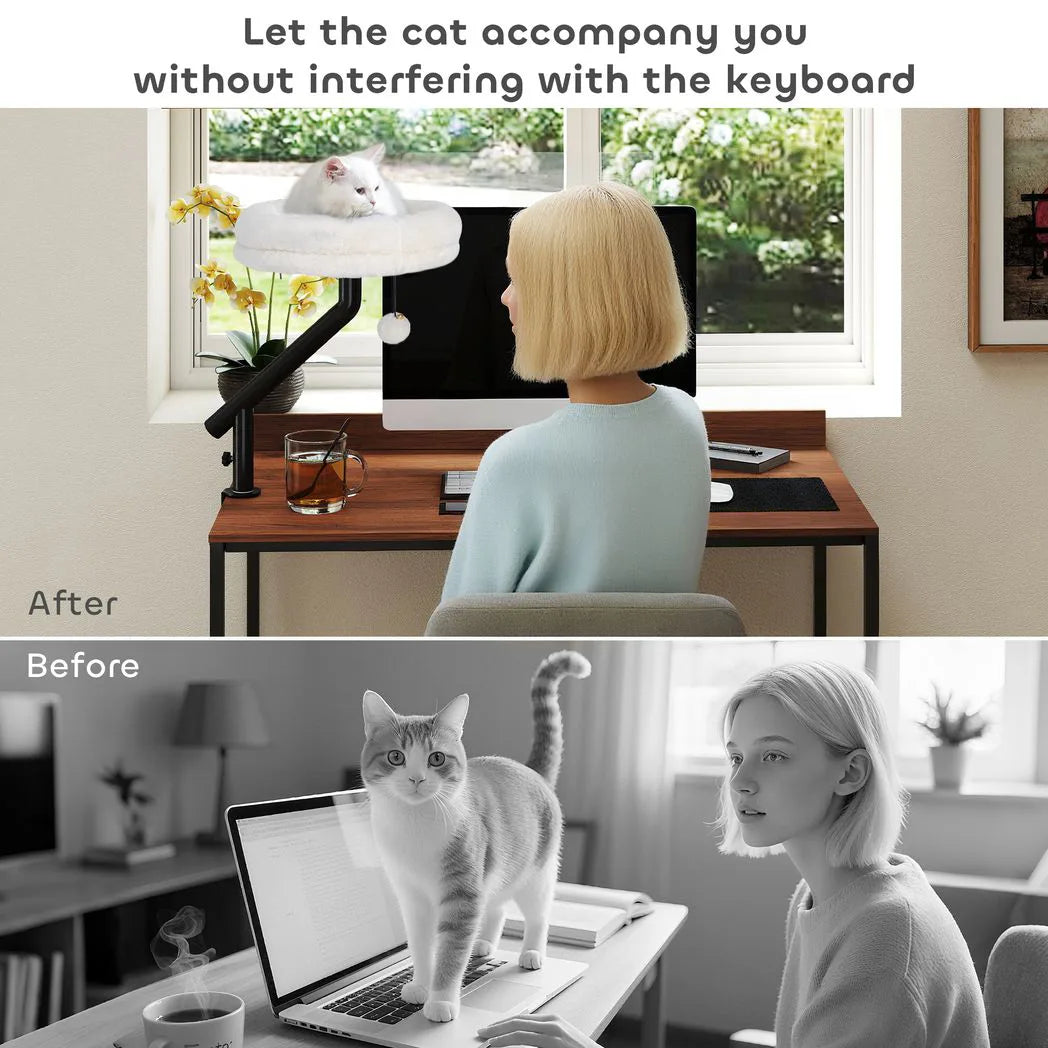 PawHut Cat Desk Bed with 360° Rotation – Adjustable Cat Hammock for Window, Table and Desk, Cream White