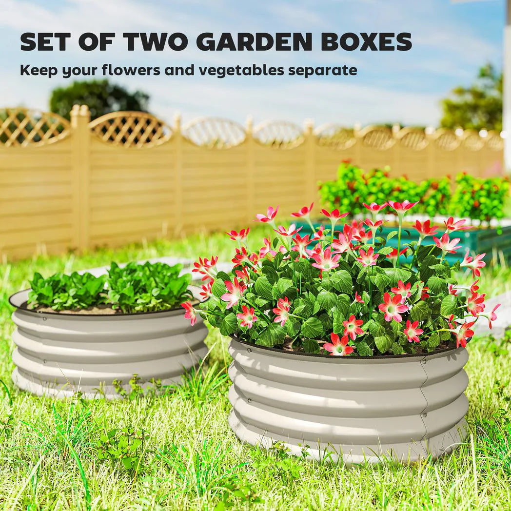Outsunny Set of 2 Galvanised Raised Garden Beds with Safety Edging – Open-Bottom Planters, Cream White
