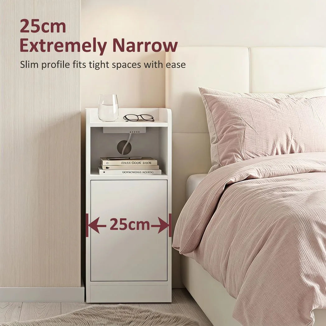 HOMCOM Slim Bedside Table Set of 2 with Charging Station and Adjustable Shelf – Narrow Cabinets, White