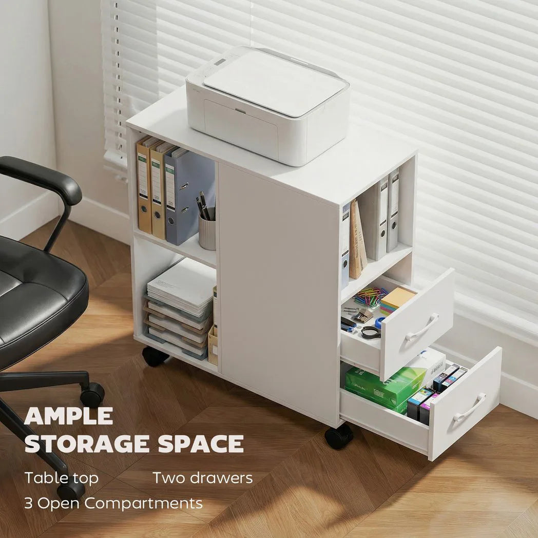 HOMCOM Narrow Mobile Printer Table with Wheels and Drawers, 30 x 60 x 65 cm – Home Office Stand, White