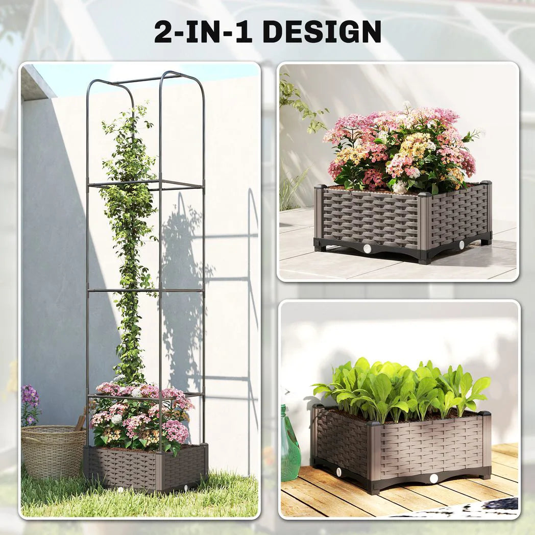 Outsunny Self-Watering Raised Garden Bed with Trellis, Plastic Planter Box with Drainage Plugs, 40 x 40 x 179cm