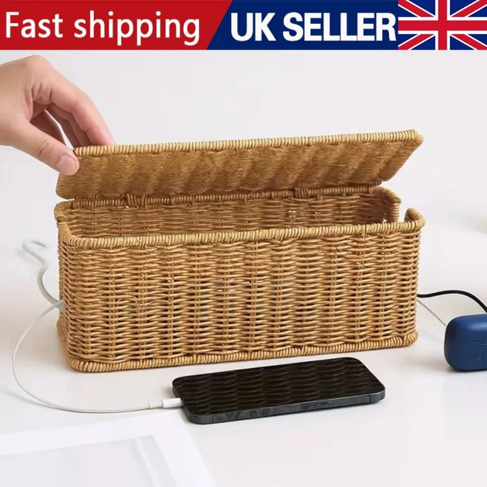 Wicker-Style Cable Management Box with Hinged Lid – Rattan-Effect Plug Socket and Power Strip Cover Organiser