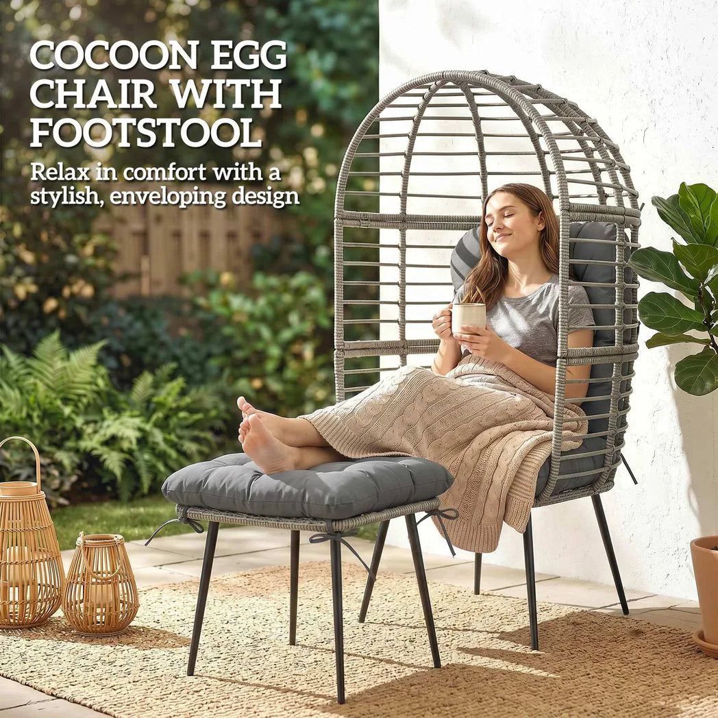Outsunny Garden Egg Chair with Footstool, PE Rattan Indoor Outdoor Lounge Set with Thick Cushions – Light Grey
