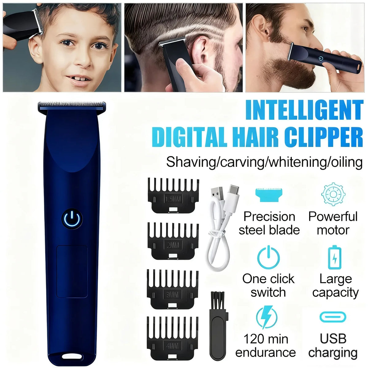 Electric Hair Clipper and Beard Trimmer with 4 Limit Combs & R-Shaped Floating Blade – Rechargeable, Blue