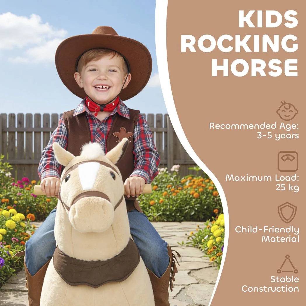 AIYAPLAY Plush Rocking Horse Ride On Pony with Wheels, Saddle & Handlebars – Kids 3–5 Years, Brown
