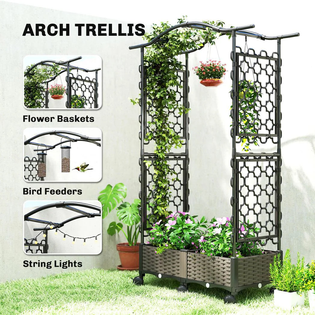 Outsunny Mobile Raised Garden Bed with Arch Trellis – Self-Watering 2 x 24L Planter Boxes on Wheels