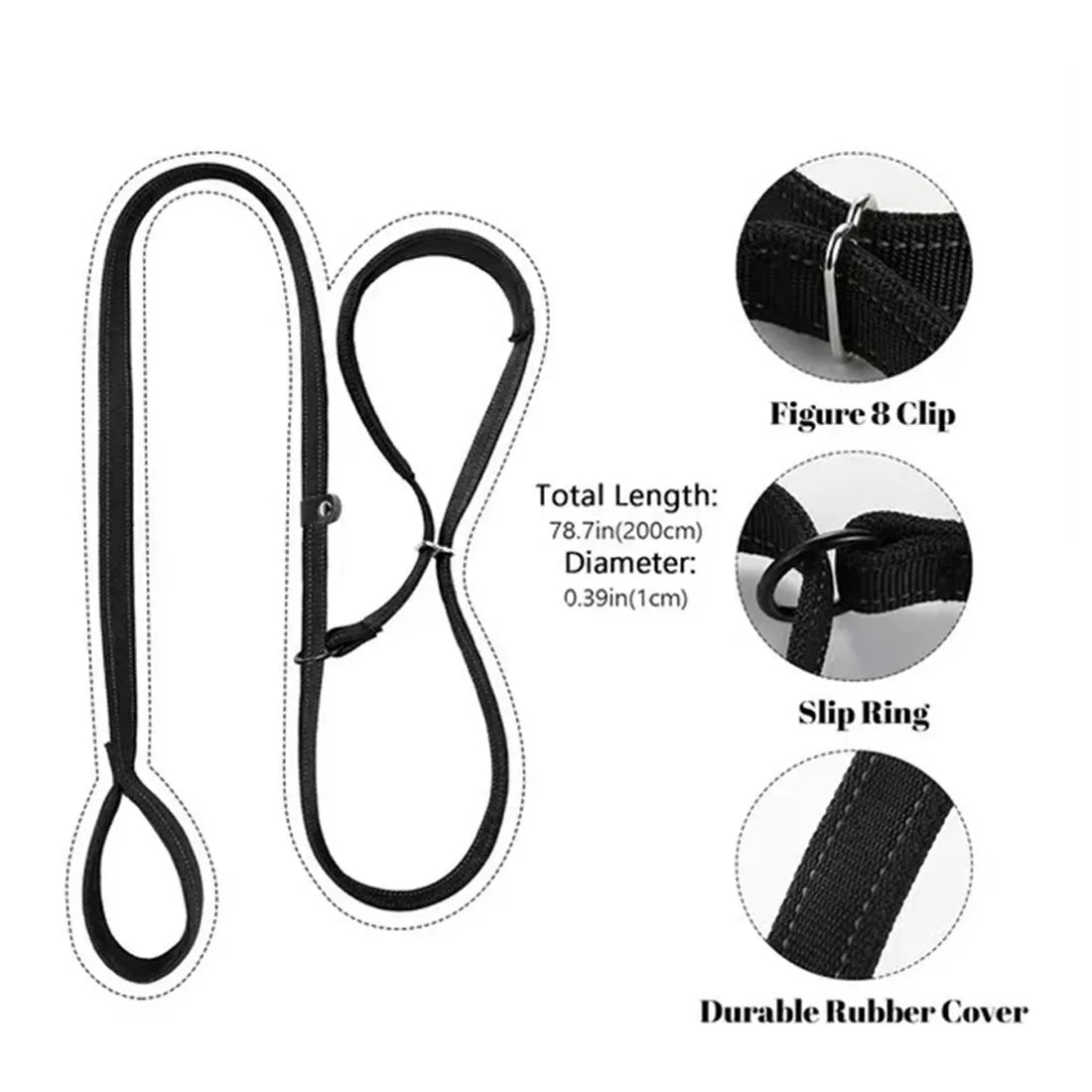 Anti-Pull Dog Lead with Integrated Head Collar Design & Waste Bag Dispenser – 200cm Black Nylon Training Leash