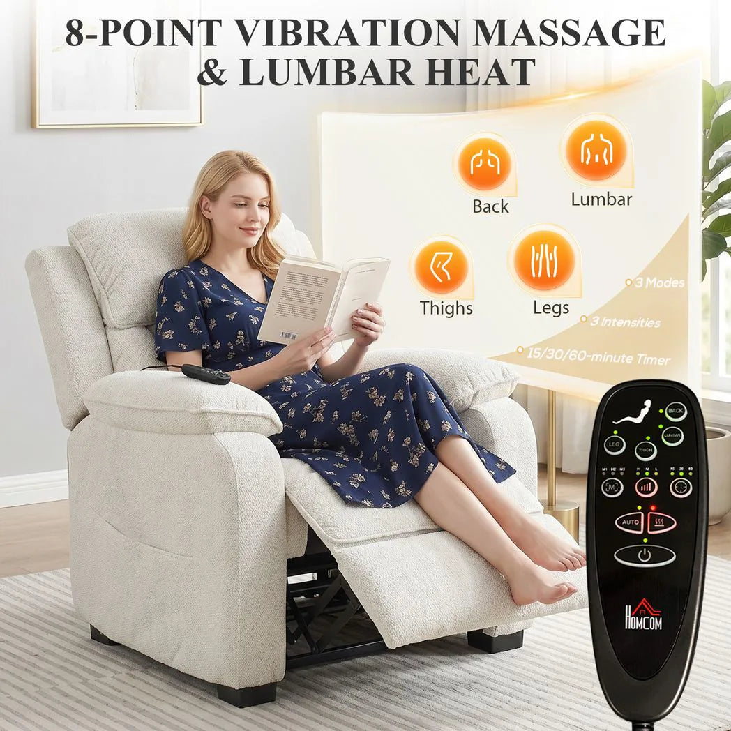 HOMCOM Power Recliner Armchair with Massage, Heat & Spring Seat – Electric Reclining Chair, Cream White