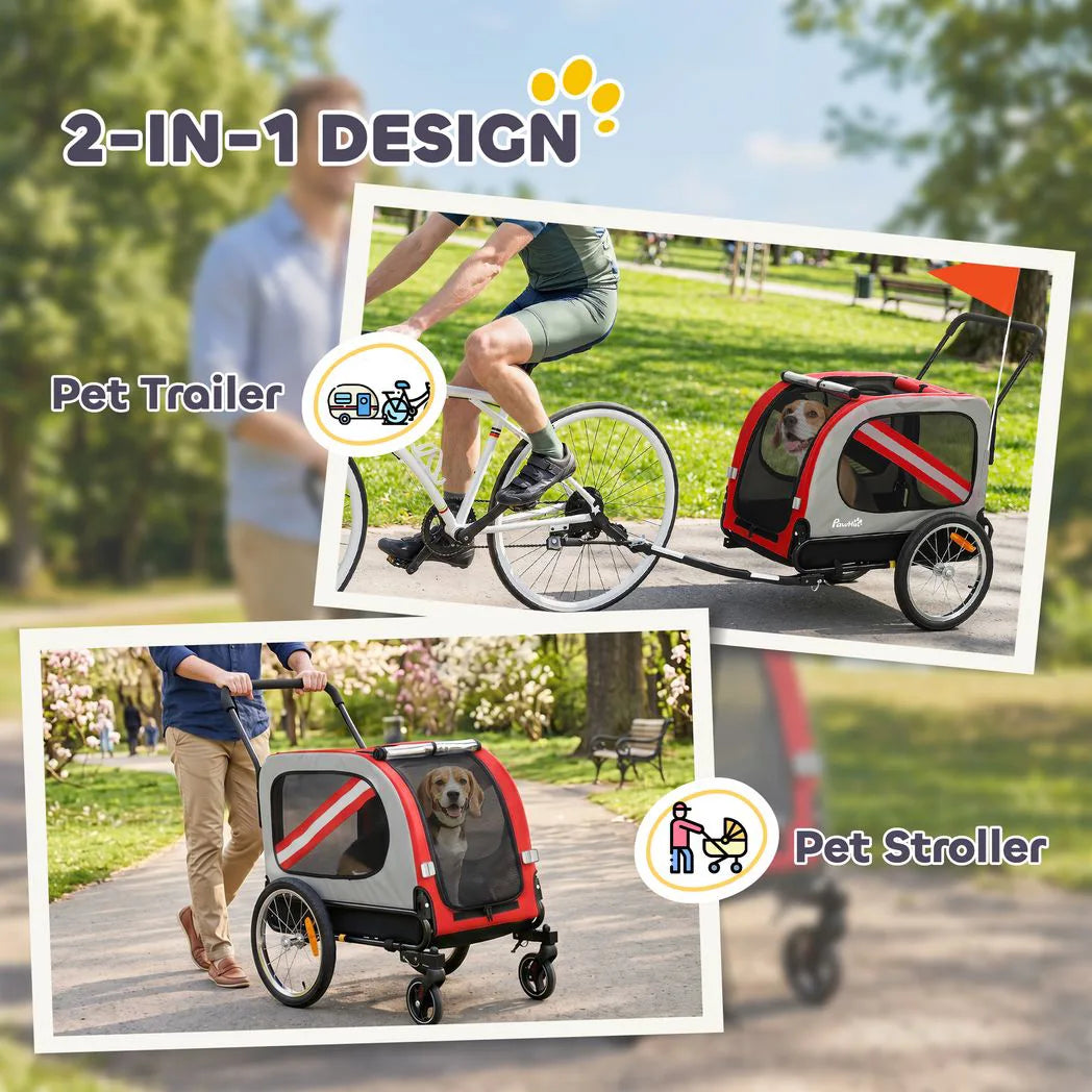 PawHut 2-in-1 Dog Bike Trailer and Pet Stroller with Reflectors & Flag – Foldable Pet Carrier, Red