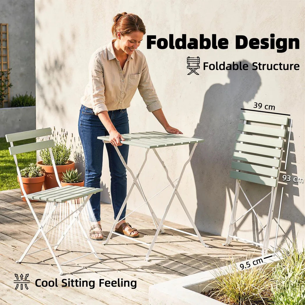 Outsunny 3-Piece Folding Bistro Set, 2 Chairs & Table – Metal and Acacia Wood Patio Furniture, White/Green