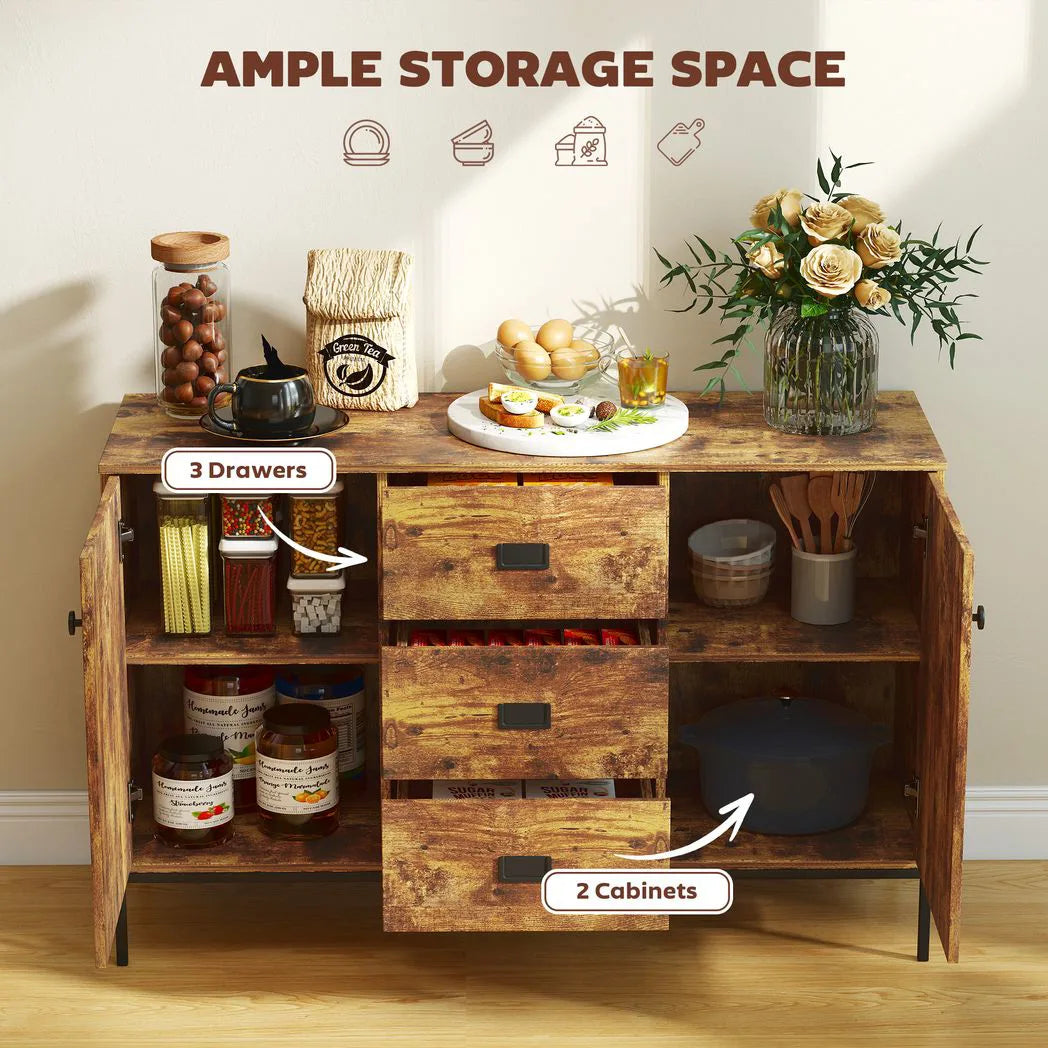 HOMCOM Modern Rustic Sideboard with 2 Cupboards and 3 Drawers – Kitchen Storage Cabinet with Metal Legs, Brown