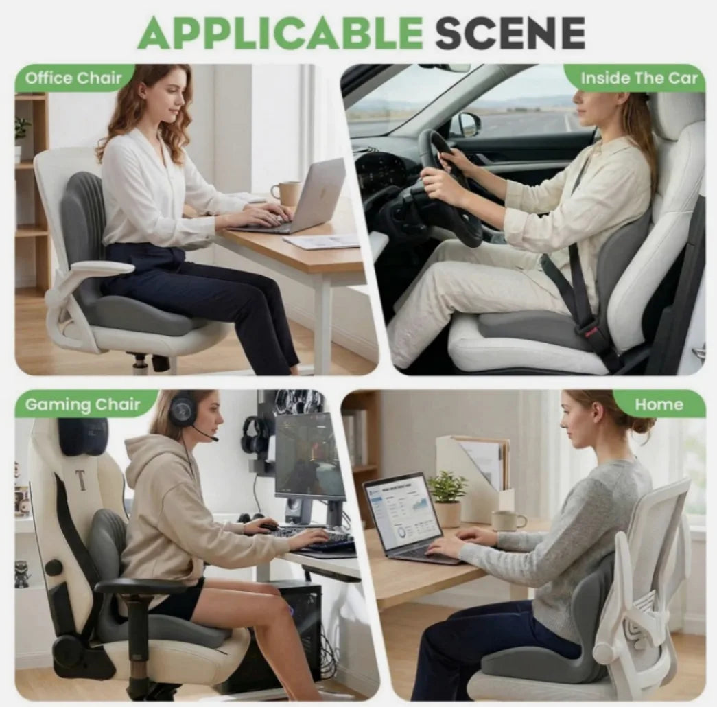 2-in-1 Ergonomic Memory Foam Back and Seat Cushion with Lumbar Support – L-Shaped, Non-Slip Base, Grey