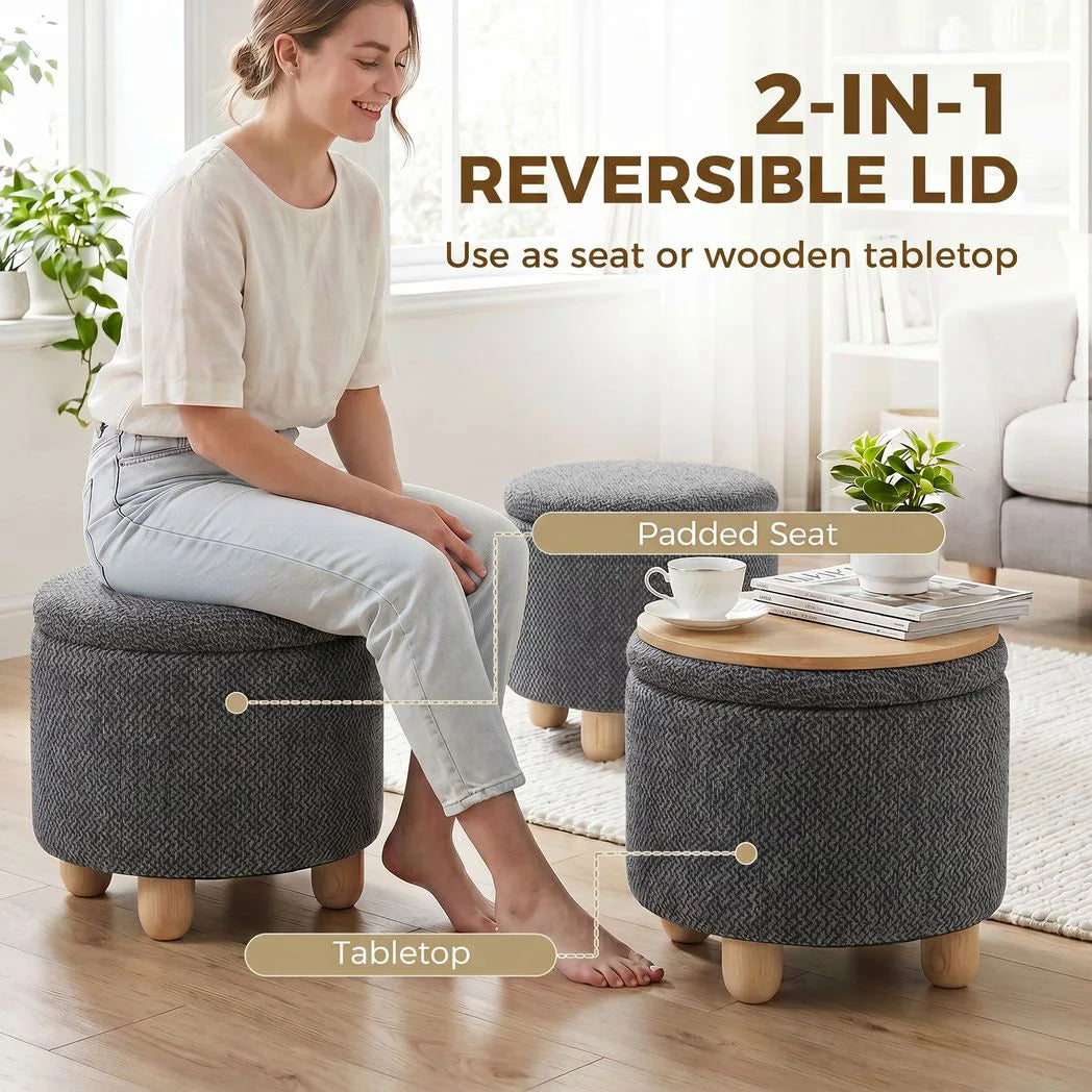 HOMCOM Round Storage Ottoman with Reversible Lid and Rubberwood Legs – 19L Footstool Bench, Dark Grey