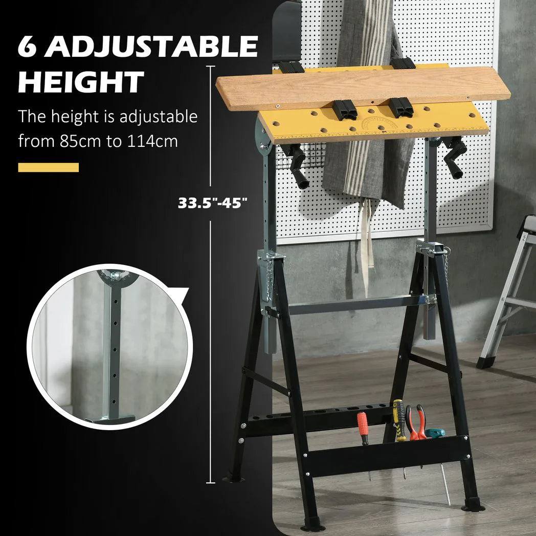 HOMCOM Portable Folding Workbench with Adjustable Height & Angle, 4 Clamping Pegs, 100 kg Capacity, Beige