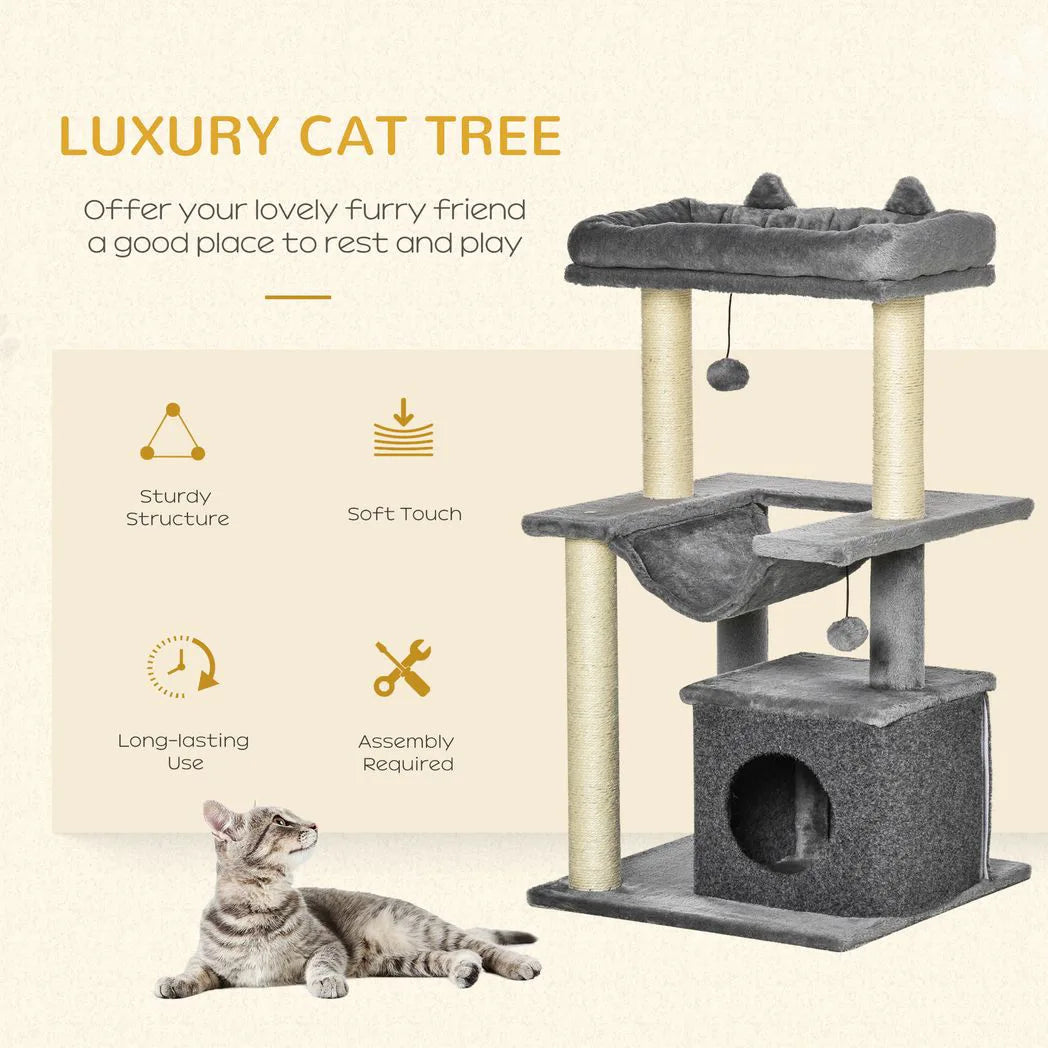 PawHut 90cm Cat Tree with Sisal Posts, Condo, Hammock & 2 Hanging Toys – Indoor Cat Tower, Grey