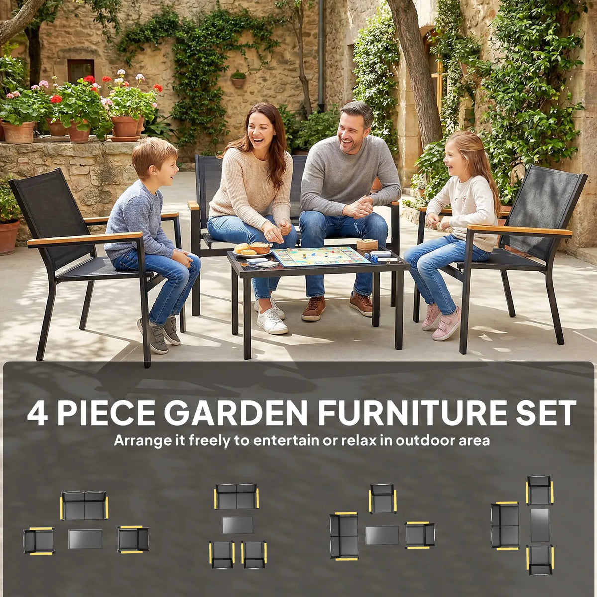 Outsunny 4 Seater Garden Sofa Set with Loveseat, 2 Armchairs and Glass Coffee Table, Black