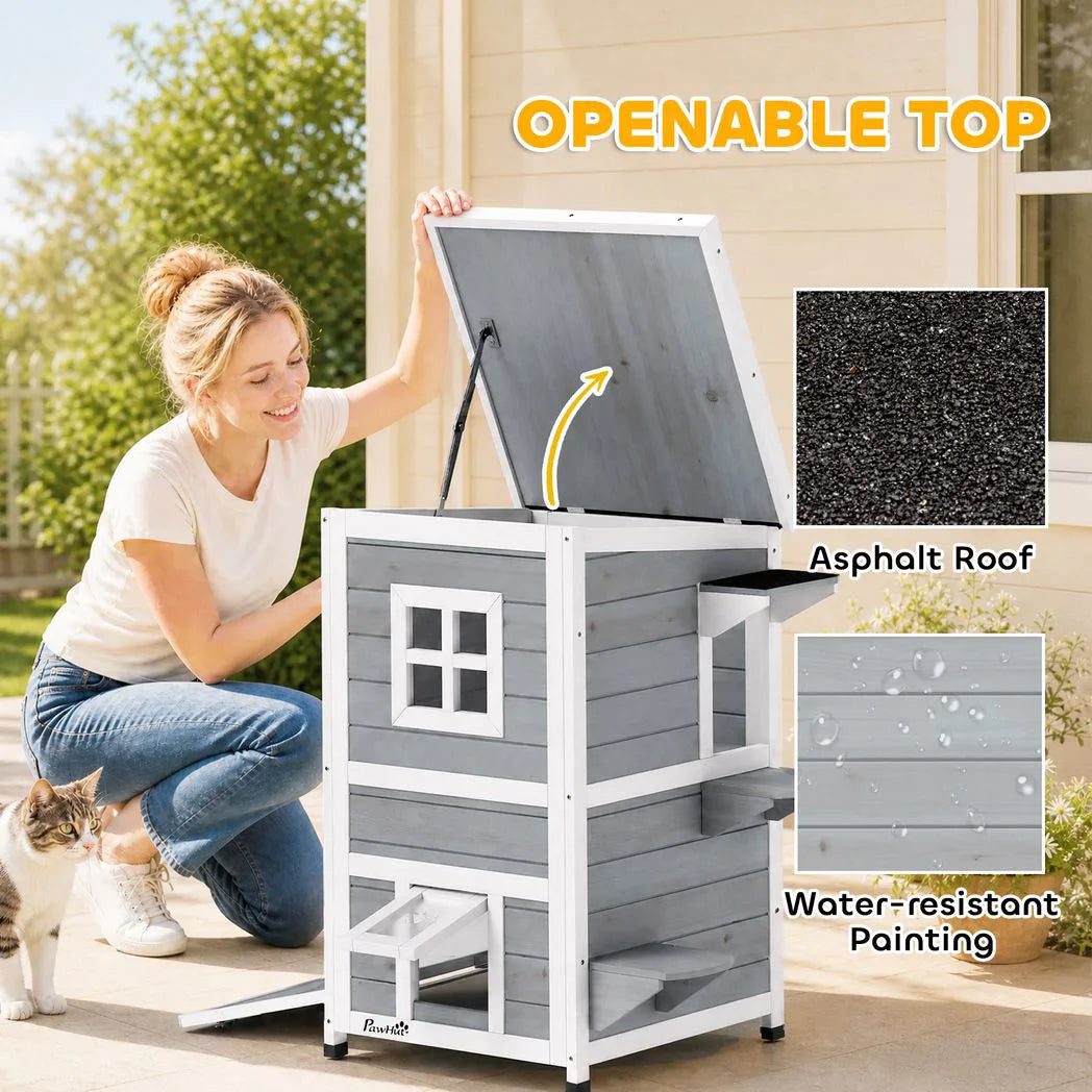 PawHut Wooden 2-Floor Outdoor Cat House with 3 Doors, Window and Asphalt Roof – Kitten Shelter, Grey