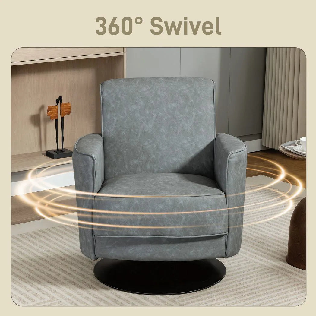 HOMCOM Upholstered 360° Swivel Accent Chair with Thick Padding and Pocket Springs – PU Leather Armchair, Grey