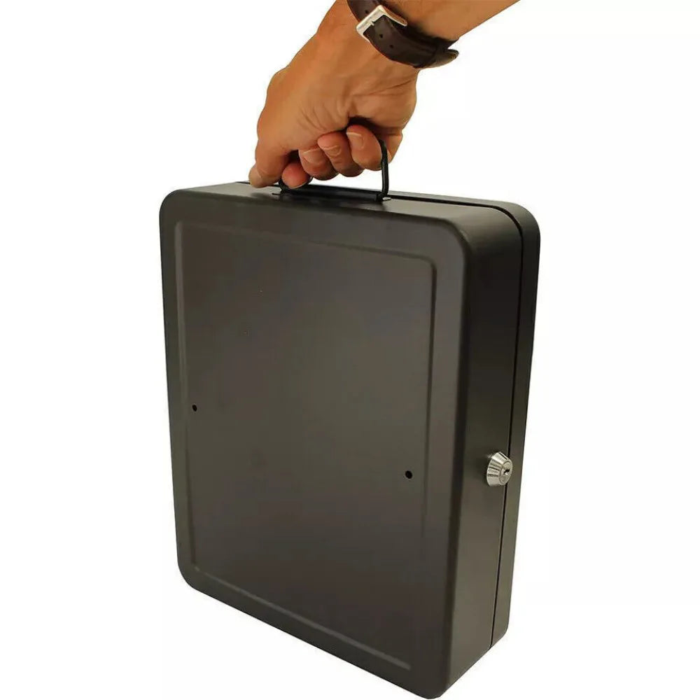 A4 Security Lock Box with Folding Carry Handle & 2 Keys – Powder-Coated Steel Cash and Document Safe Chest