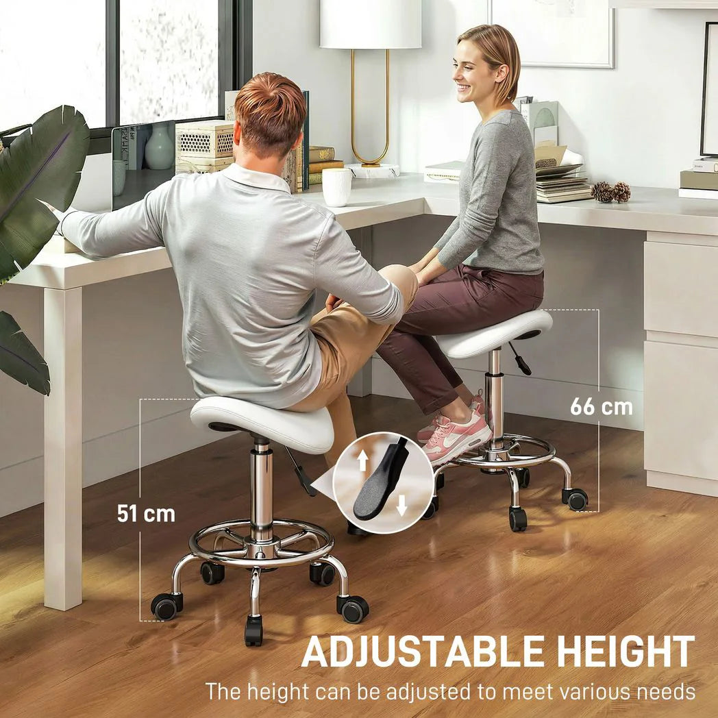 HOMCOM Salon Saddle Stool with Wheels – Adjustable Rolling Chair for Massage, Spa, Beauty and Tattoo, White