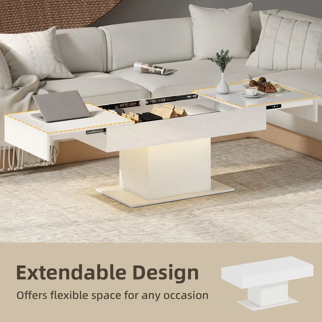 HOMCOM Extendable Coffee Table with LED Lights and Hidden Storage, 108–178.5cm – Living Room Table, High Gloss White