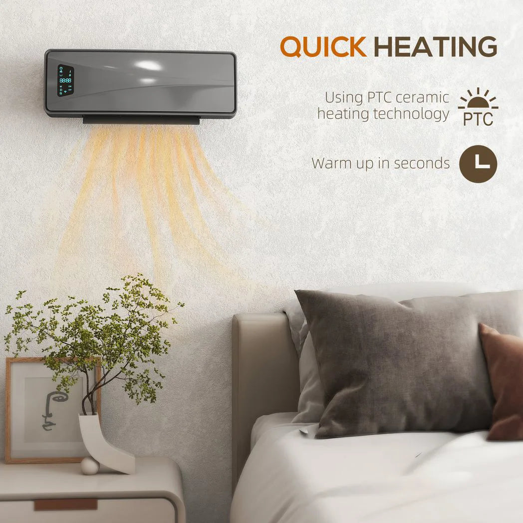 HOMCOM 2000W Wall-Mounted Ceramic Electric Heater with Oscillating Fan, Thermostat and Remote – Timer Room Heater, Grey