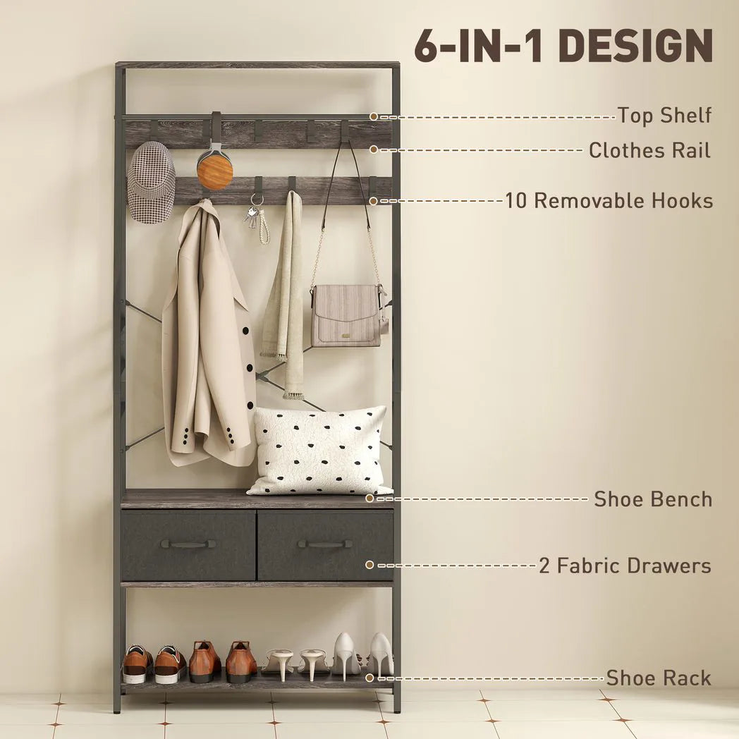 HOMCOM Industrial Hall Tree Coat Rack with Shoe Bench, 10 Removable Hooks, 2 Fabric Drawers and Clothes Rail – Grey