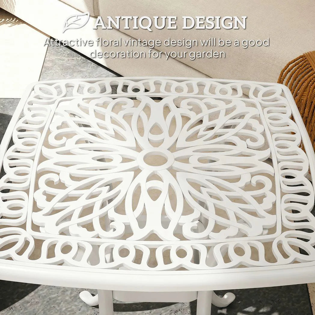 Outsunny Cast Aluminium Garden Side Table with 38mm Parasol Hole and Floral Top, 54cm