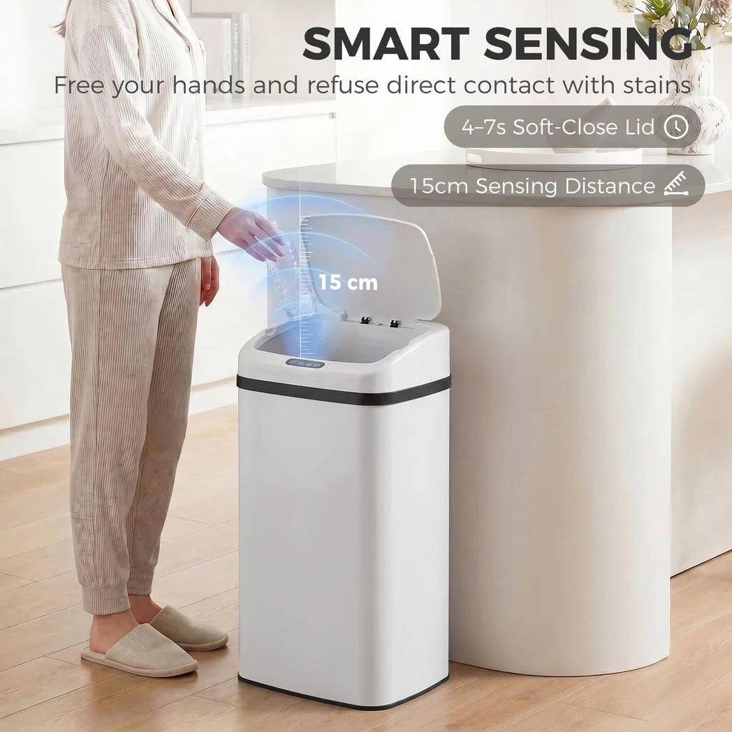 HOMCOM 48L Stainless Steel Sensor Bin with Soft-Close Lid – Hands-Free Kitchen Waste Bin, White