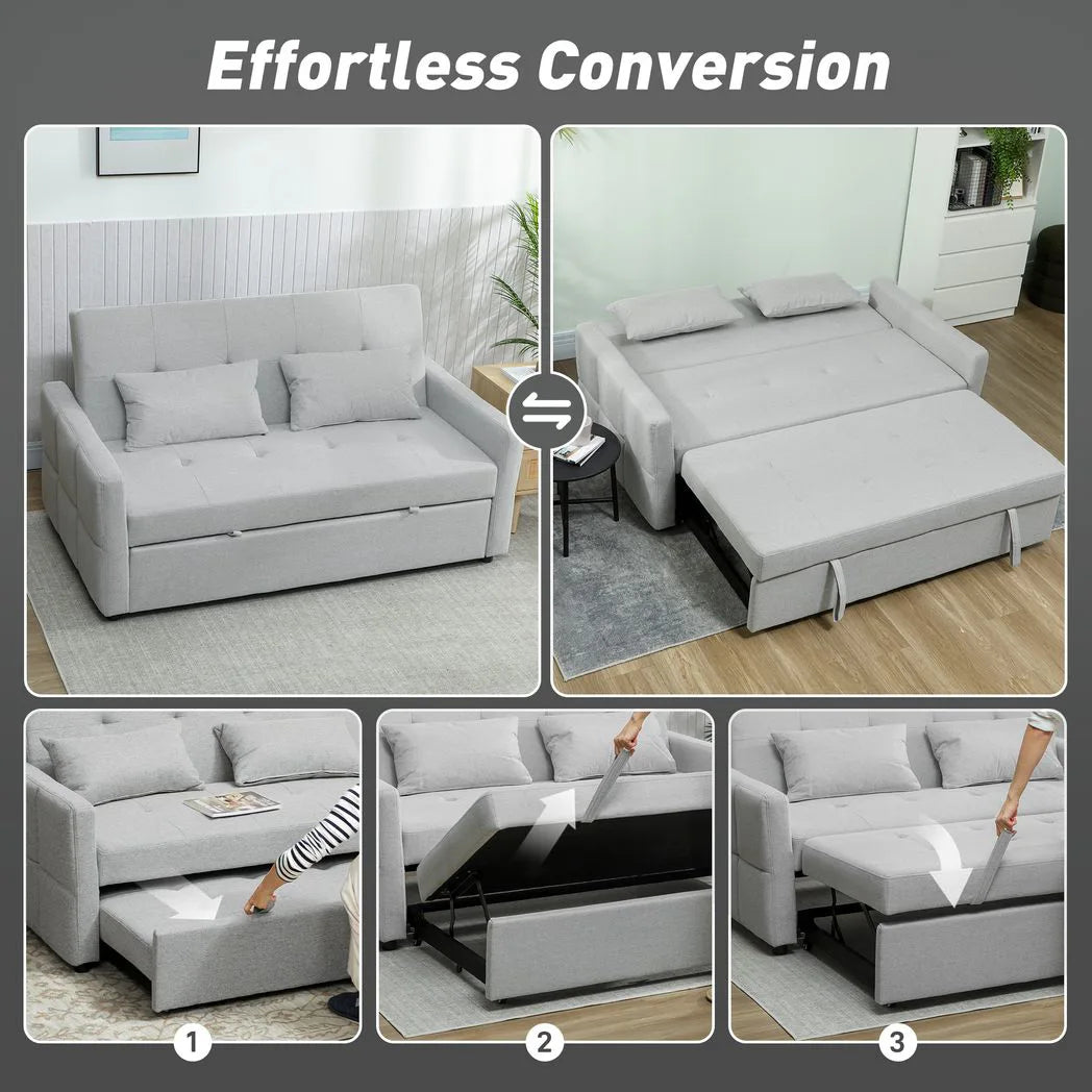 HOMCOM Three-Way Two-Seater Sofa Bed with Click-Clack Reclining Back – Linen-Look Loveseat, Light Grey