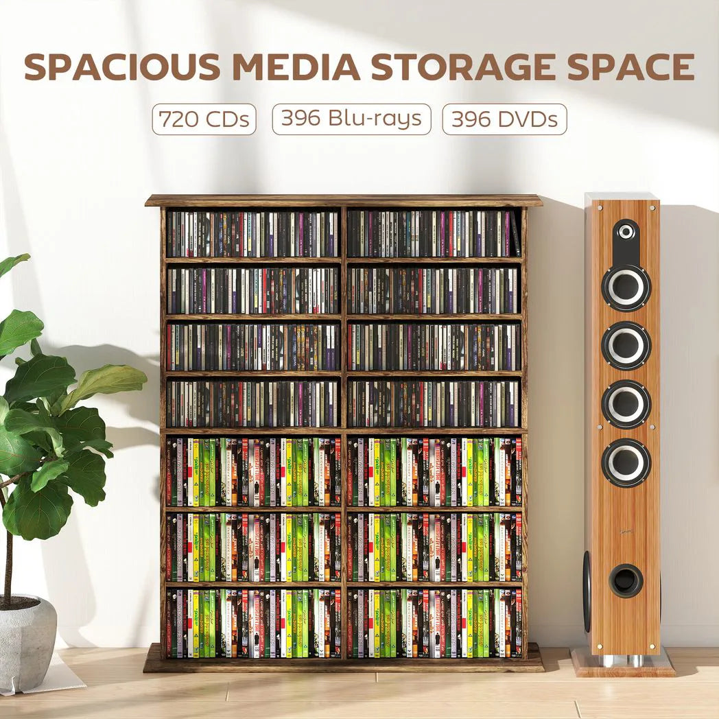 HOMCOM 16-Compartment Media Shelf for 720 CDs with 12 Adjustable Shelves – Anti-Tipping Straps, Rustic Brown