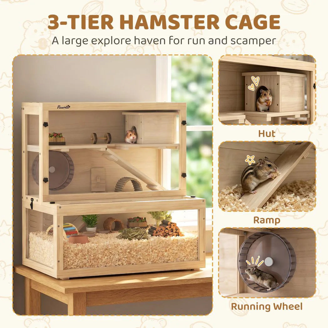 PawHut Wooden Hamster Cage with Hut, Wheel, Ramps and Removable Viewing Panels, 80 x 50 x 84 cm, Natural