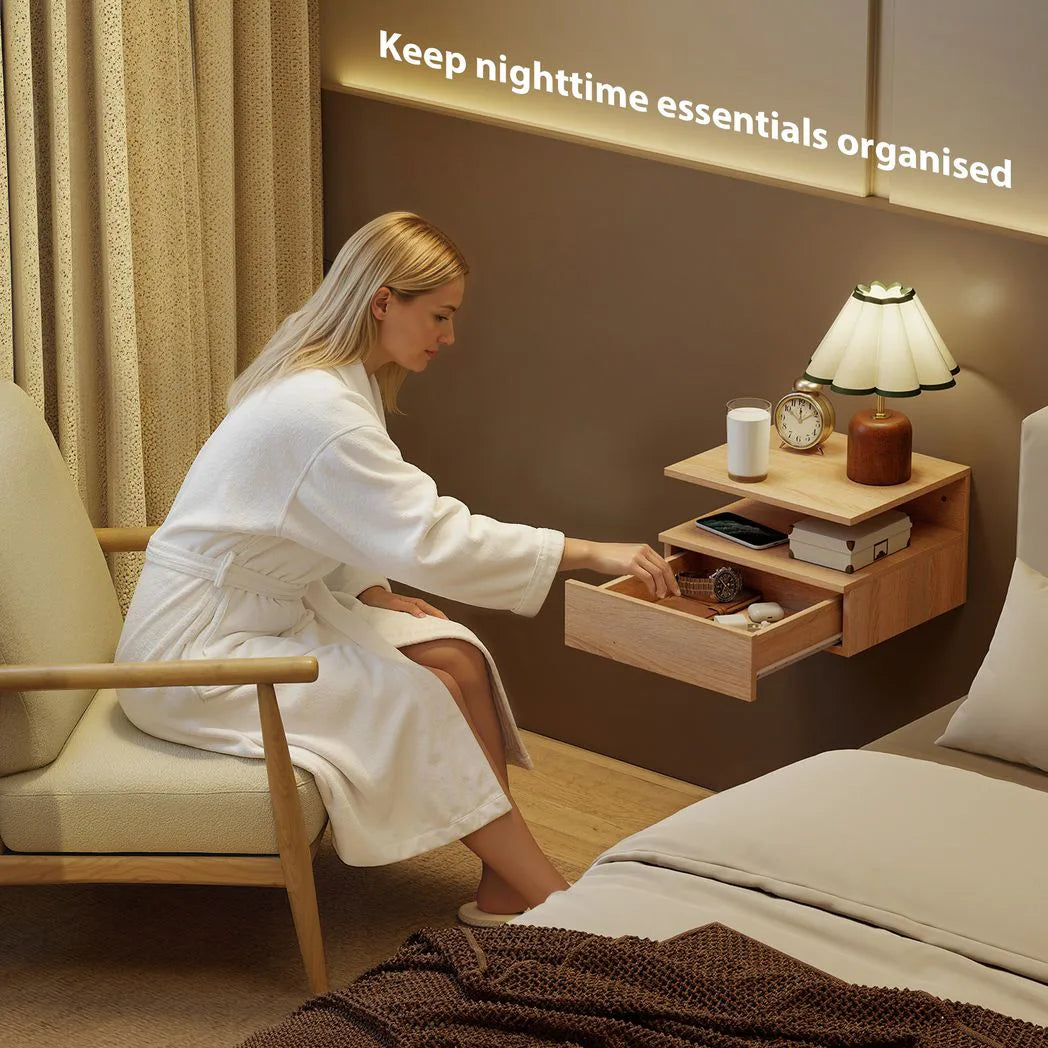 HOMCOM Set of Two Floating Bedside Tables with Handle-Free Drawer & Open Shelf – Wall-Mounted Nightstands, Oak