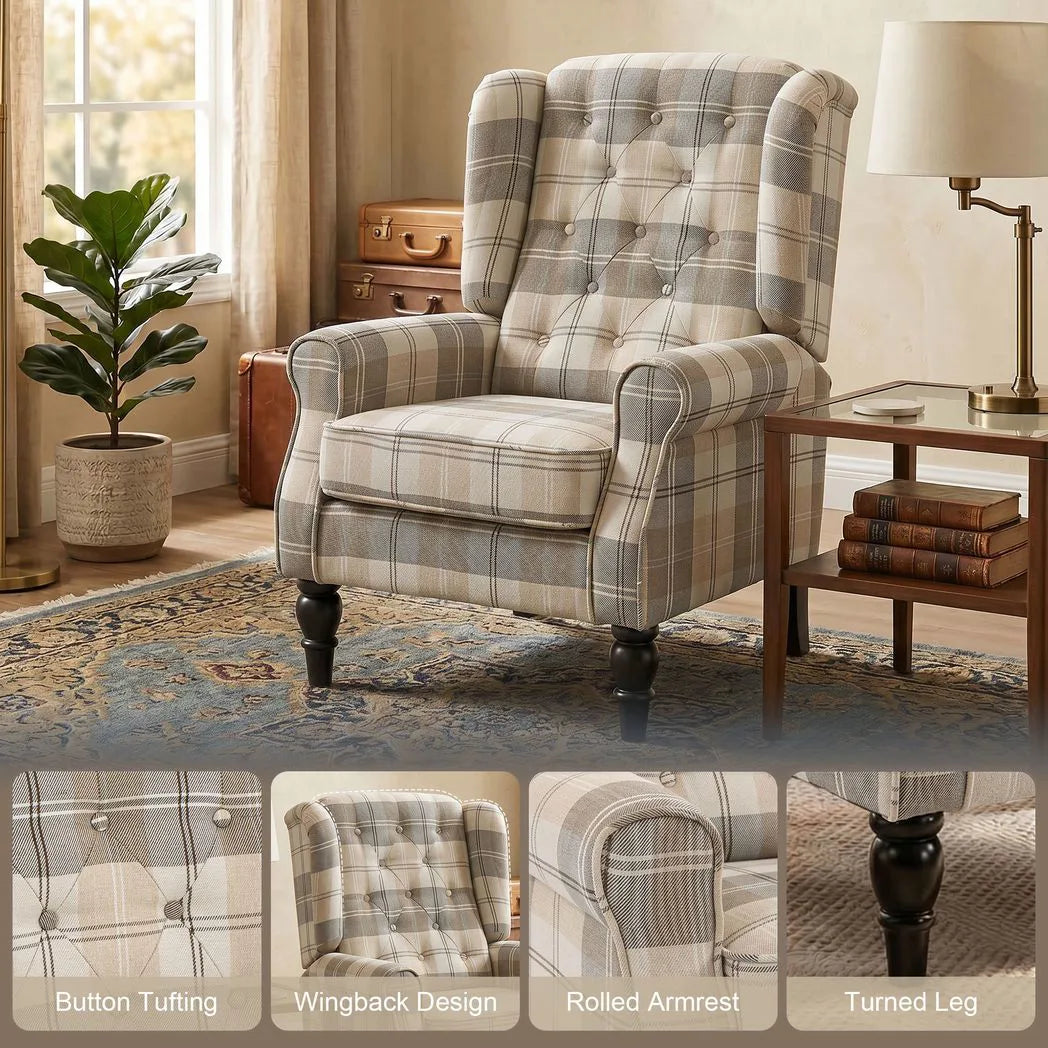 HOMCOM Wingback Accent Chair with Pocket-Spring Cushion and High Back – Linen-Look Armchair, Khaki Plaid