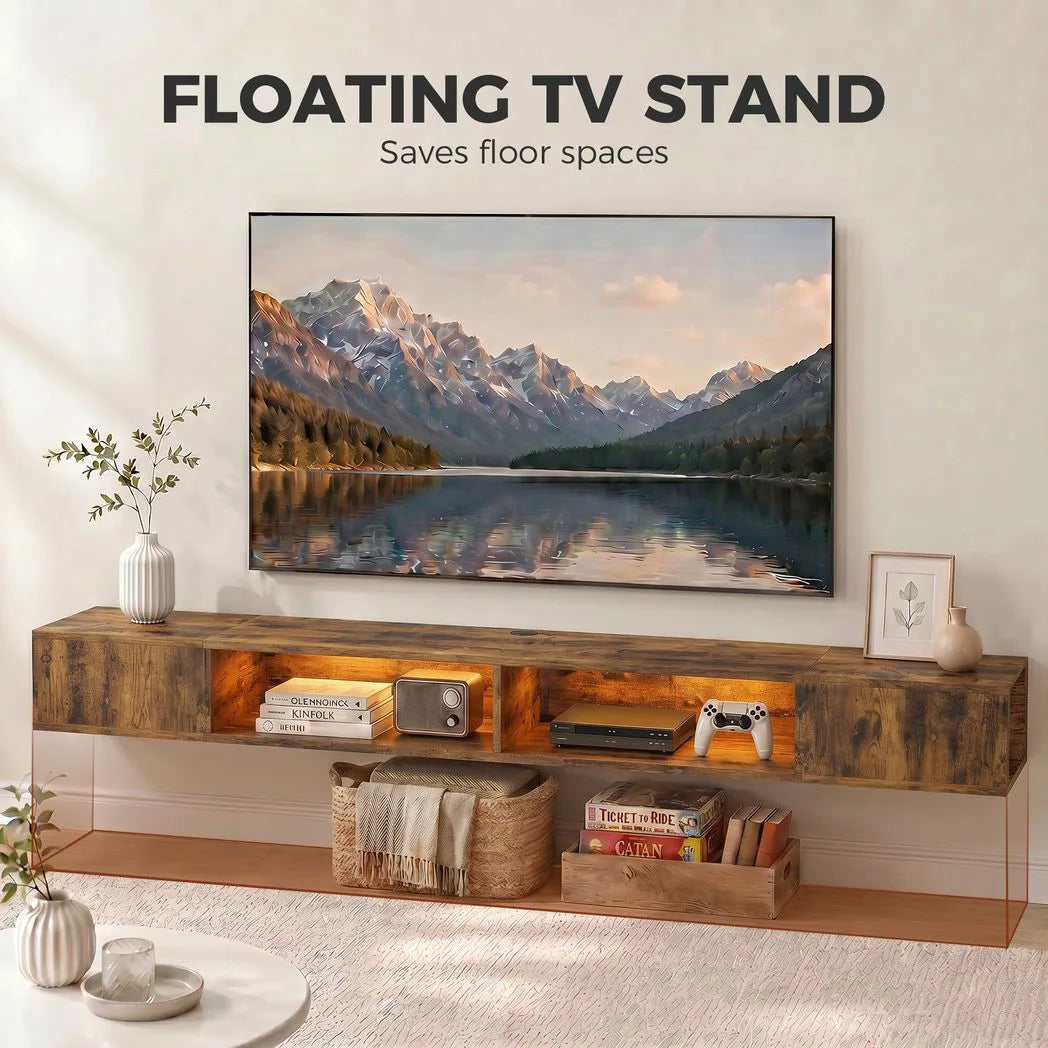 HOMCOM Wall-Mounted TV Stand with RGB LED Lights for TVs up to 75 Inch – Floating Entertainment Unit, Brown