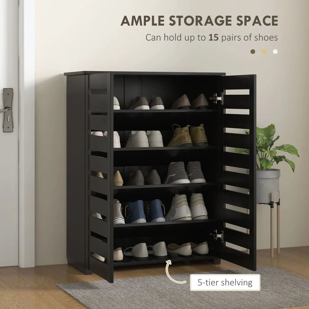 HOMCOM 5-Tier Narrow Shoe Cabinet with Slatted Doors and Adjustable Shelves – Holds 15 Pairs, Black