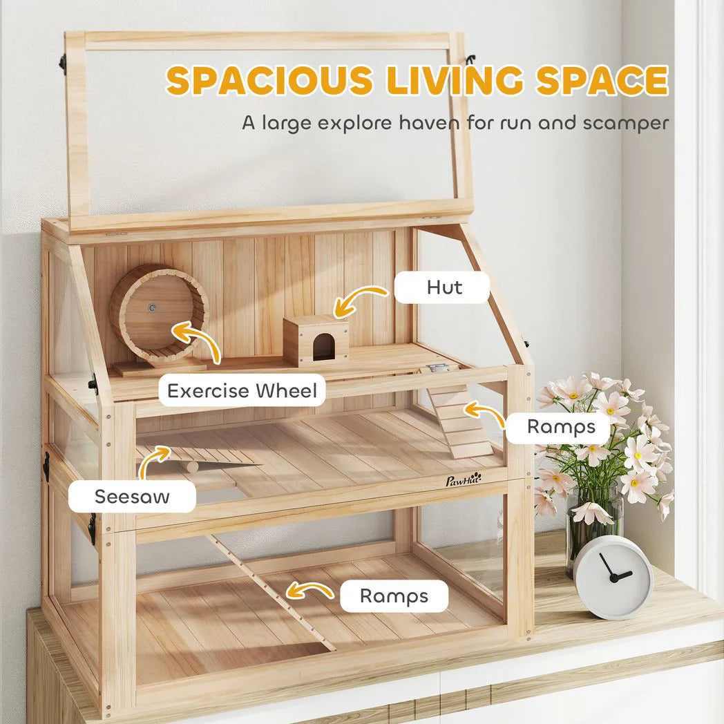 PawHut Wooden Hamster Cage with 31cm Deep Base, Hut, Seesaw, Exercise Wheel and Ramp, 80 x 50 x 76cm – Natural