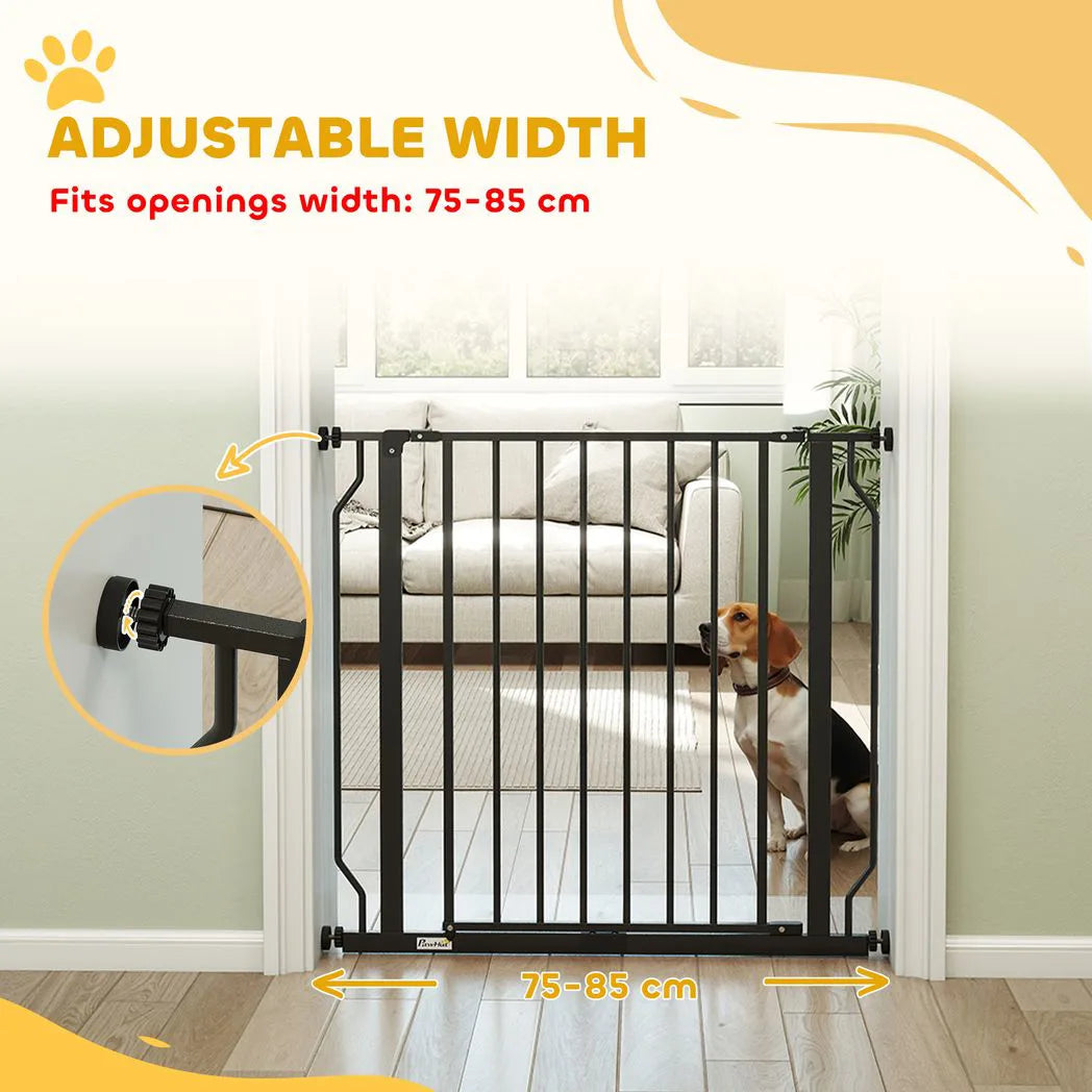 PawHut Extra Wide Pressure Fit Dog Gate with Double-Locking Door – Adjustable 75-85 cm Barrier, Black