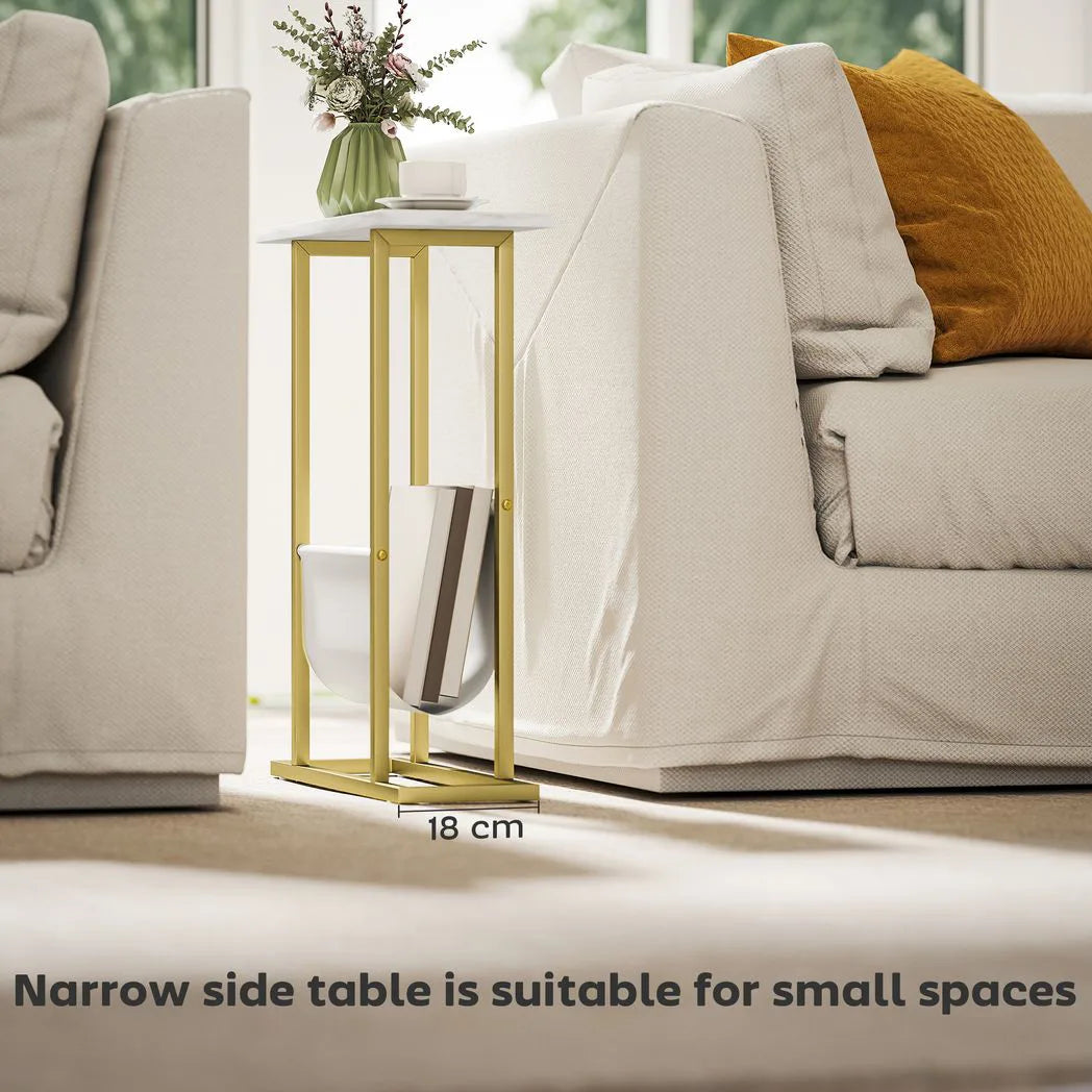 HOMCOM Narrow Side Table with Fabric Shelf – Slim Two-Tier End Table for Bedroom, White Marble Effect