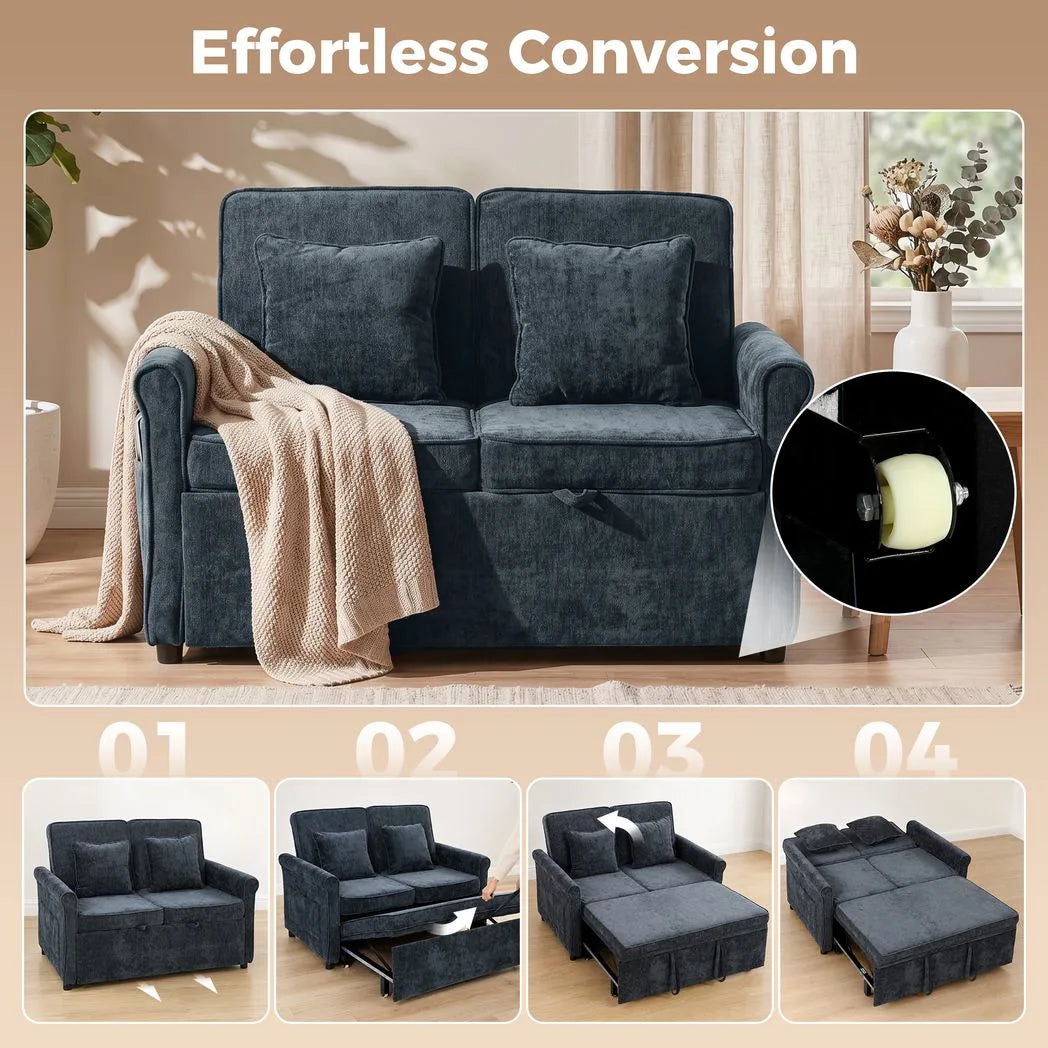 HOMCOM 2 Seater 3-in-1 Sofa Bed with 5-Position Adjustable Backrest – Pull Out Chenille Sleeper, Dark Blue