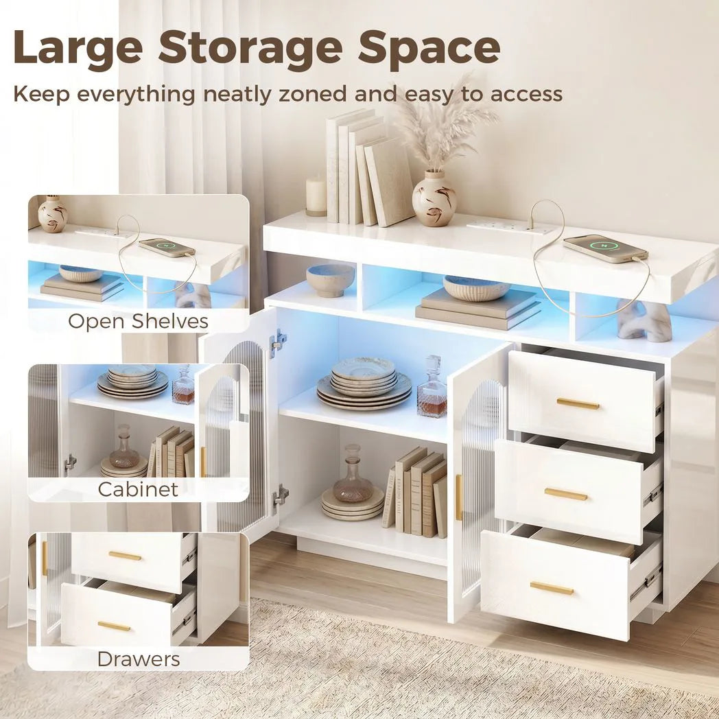 HOMCOM High Gloss Sideboard with RGB LED Lights, Power Outlets, 3 Drawers and Acrylic Doors, White