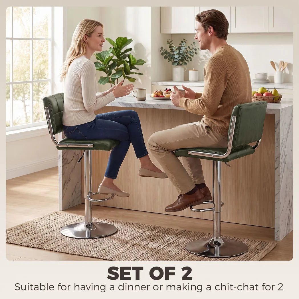 HOMCOM Set of 2 Swivel Bar Stools, Adjustable Height PU Leather – Kitchen Breakfast Bar Seating, Green