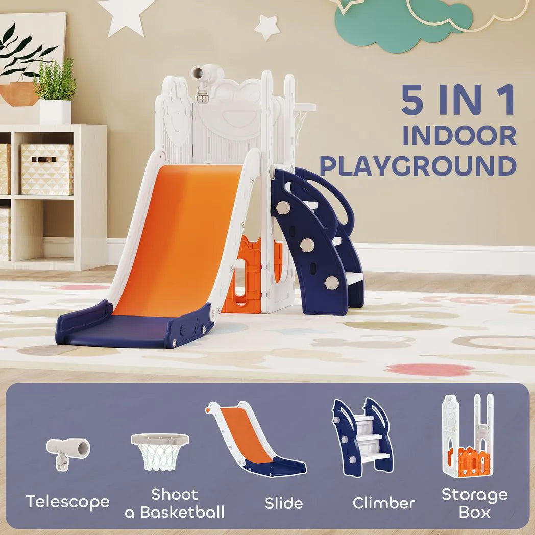 AIYAPLAY 5 in 1 Kids Slide Set with Basketball Hoop, Climbing Frame, Telescope & Storage Box – Toddlers 1-3
