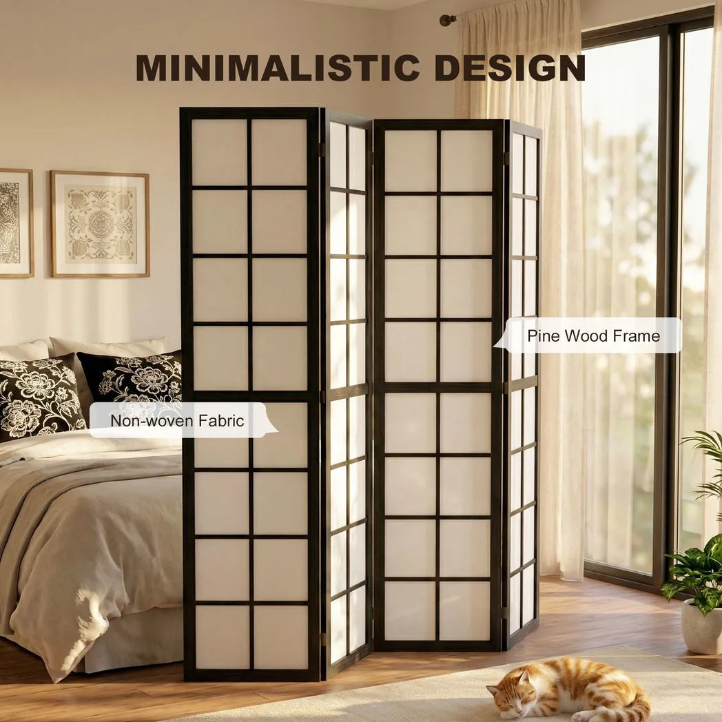 HOMCOM 4 Panel Folding Room Divider with Pine Wood Frame – Freestanding Privacy Screen for Living Room & Bedroom, Black