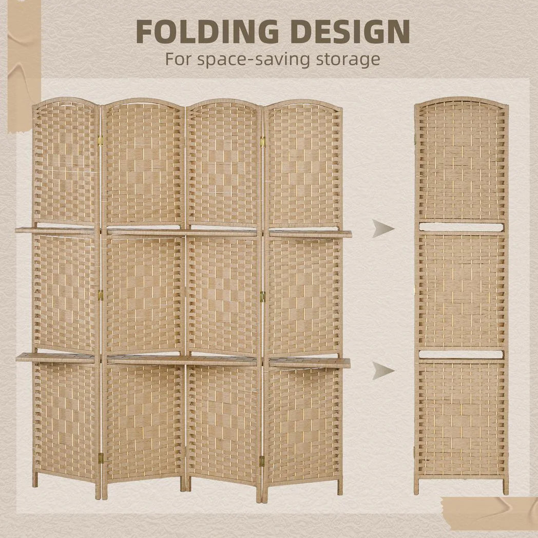 HOMCOM 4 Panel Folding Room Divider with 2 Shelves – Diamond Weave Privacy Screen, 160 x 170cm, Natural