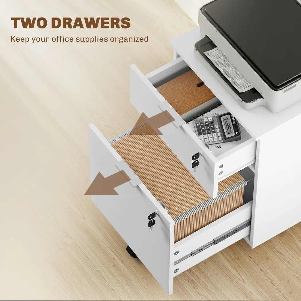 HOMCOM Two-Drawer Lockable Filing Cabinet on Wheels with Hanging Bars – Under Desk Office Storage, White