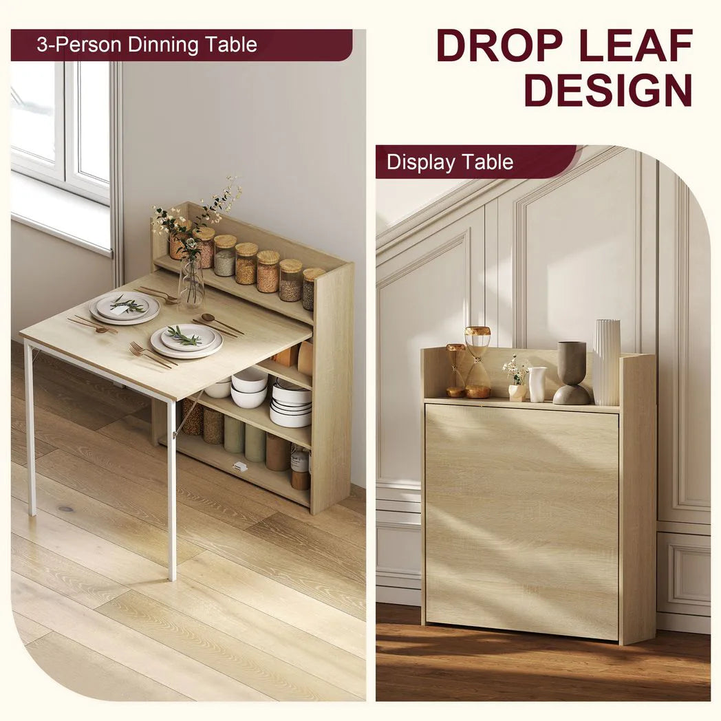 HOMCOM Folding Kitchen Table with Drop-Leaf and 3 Shelves – Space-Saving Dining Table, Oak Effect